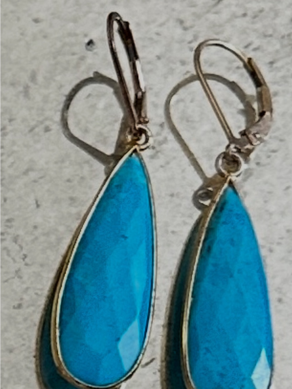 Turquoise Blue Howlite Teardrop Dangle Earrings with Gold Trim. GF ear-wire.